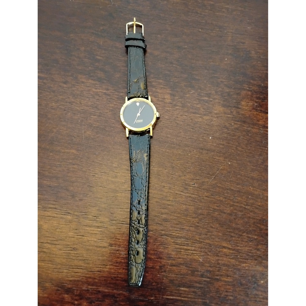 Diamond Quartz Watch Gold Tone Black Dial Faux Croc Leather Strap Vintage Style